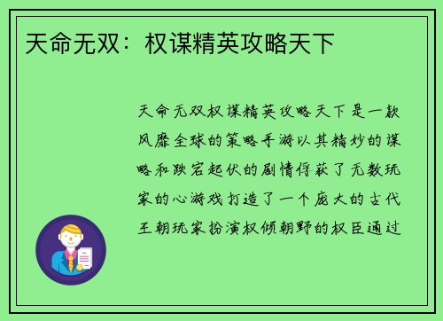天命无双：权谋精英攻略天下